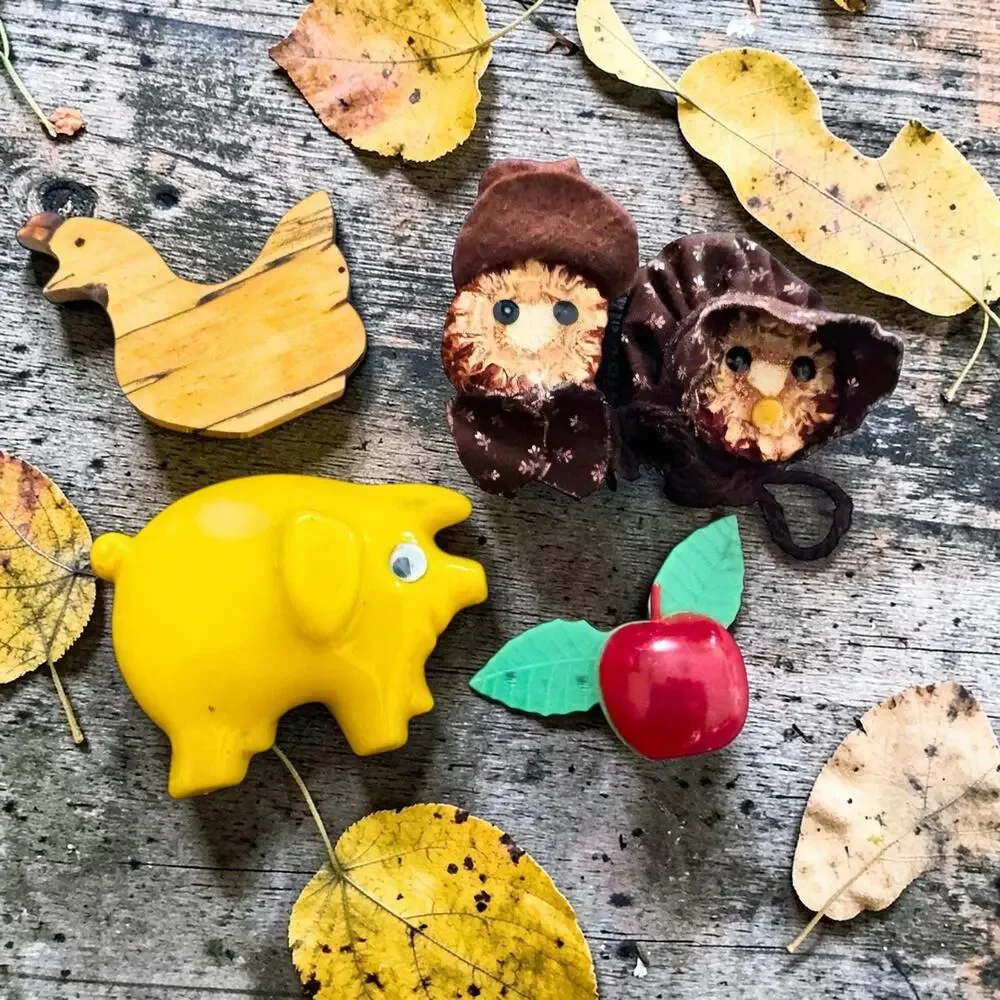 Vintage Fridge Magnets Pig, Apple, Wood Duck, Fabric Dolls Set